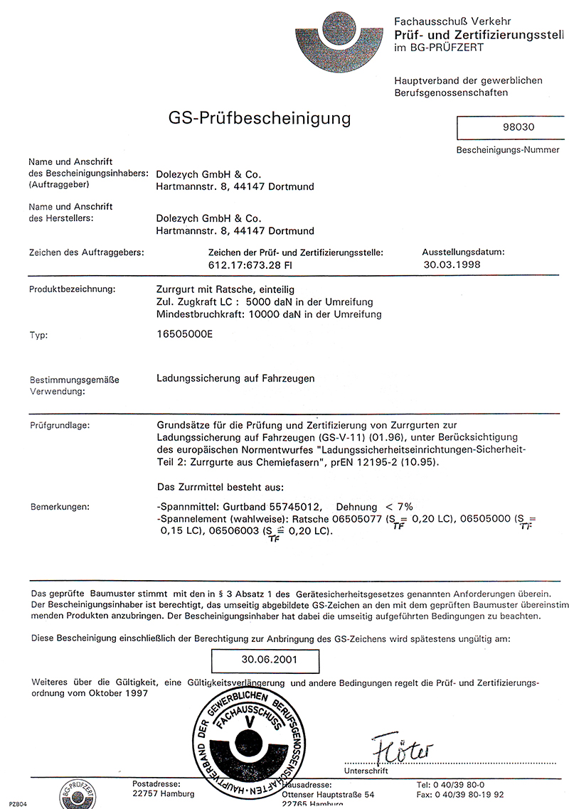 德国多来劲吊具德国交通运输协会证书